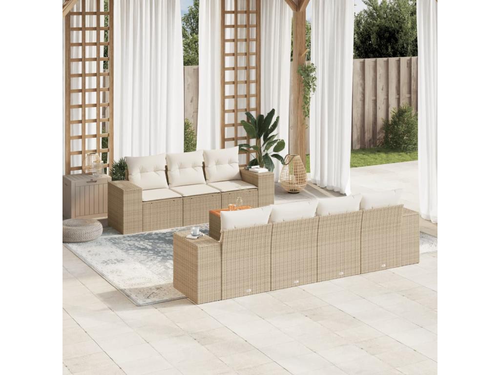 Ensemble de mobilier de jardin 8 pièces avec coussins, en résine tressée beige