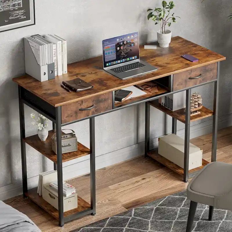 Bureau d'ordinateur moderne avec étagère de rangement intégrée et 2 tiroirs, idéal pour un bureau à domicile ou une salle d'étude.