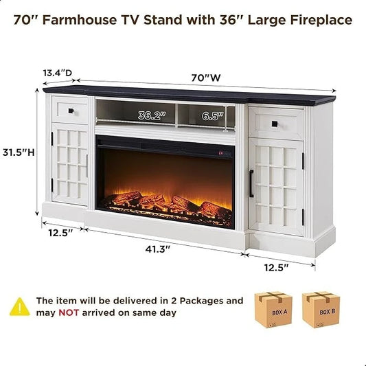Meuble TV de style campagnard avec cheminée pour téléviseur de 80 pouces et centre multimédia de 70 pouces.