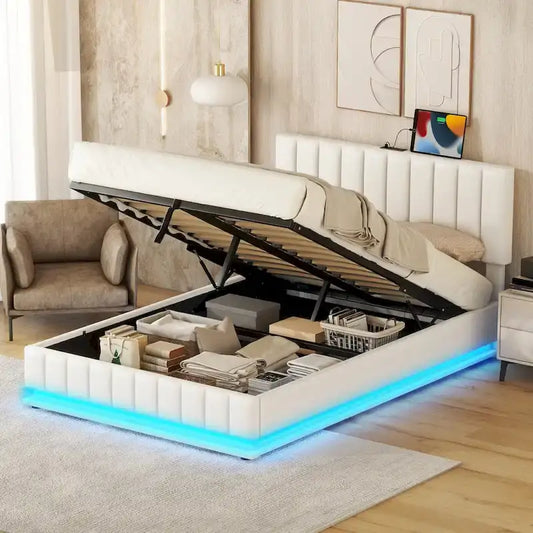 Lit plateforme relevable avec rangement intégré, lit bas revêtu de cuir PU avec télécommande, éclairage LED, prises et ports USB