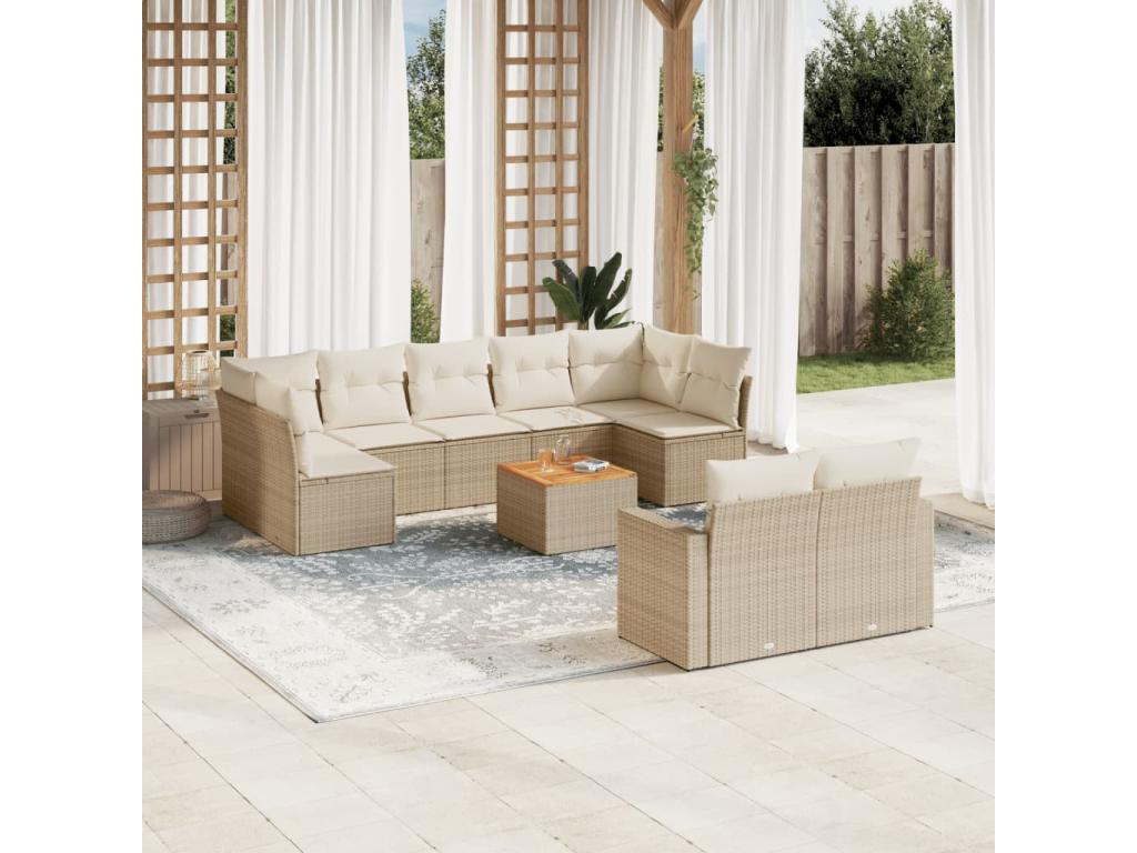 Ensemble de mobilier de jardin 10 pièces avec coussins, en résine tressée beige