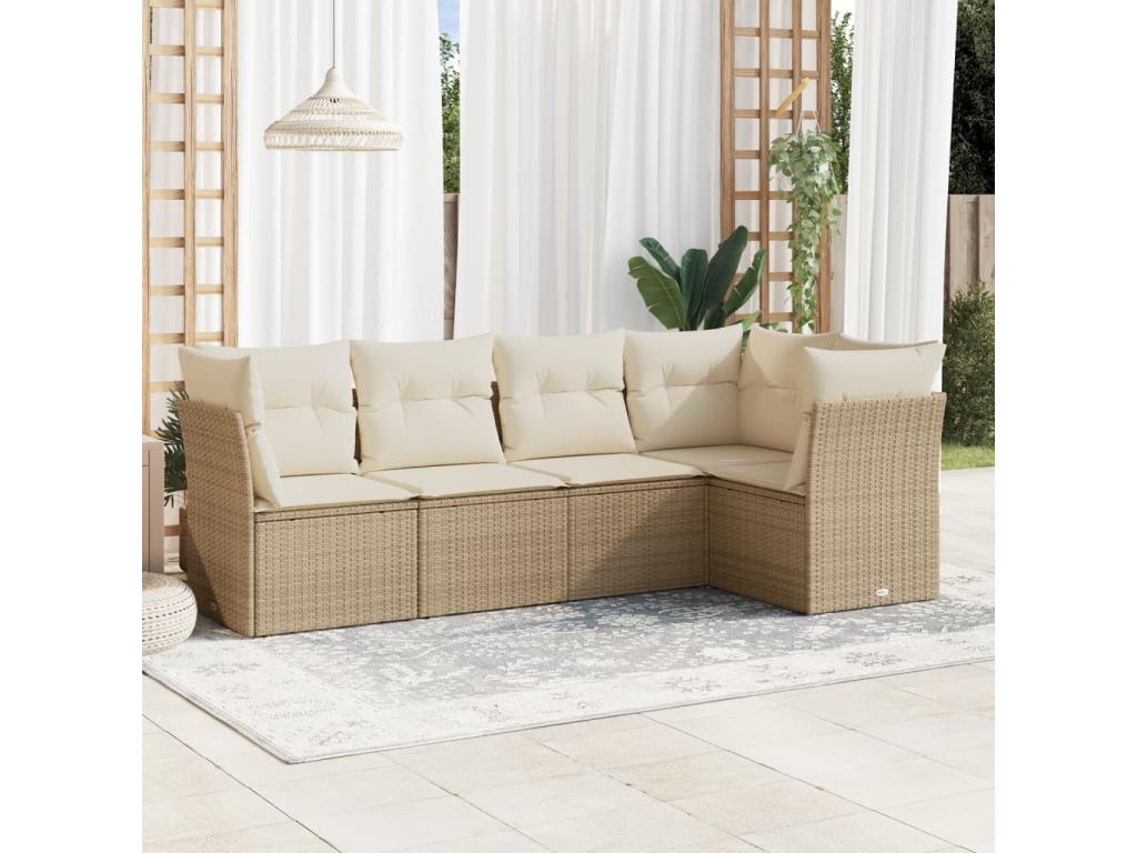 Ensemble de mobilier de jardin 5 pièces avec coussins, en résine tressée beige