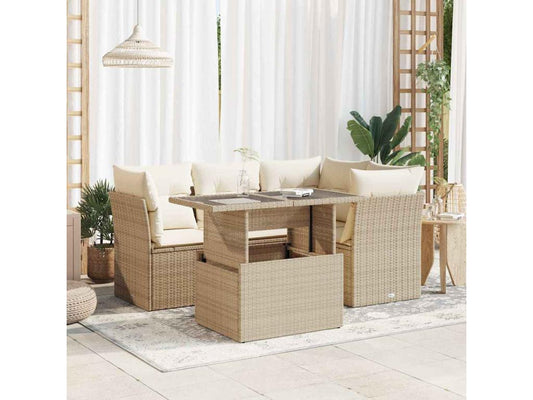 Ensemble de mobilier de jardin 5 pièces avec coussins, en résine tressée beige