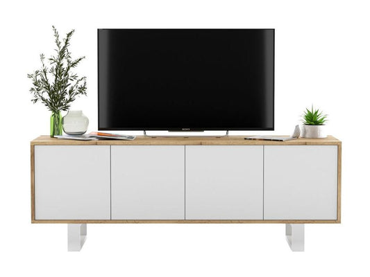Meuble TV 4 portes en bois imitation chêne, 150 cm, blanc