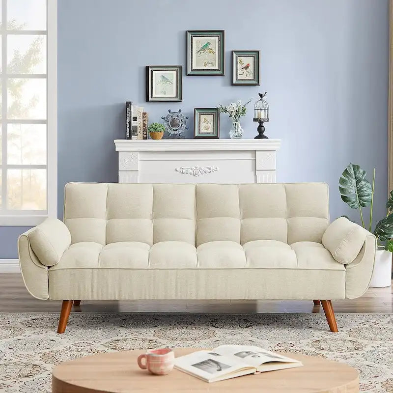 Canapé-lit futon en velours, dossier réglable, convertible en lit, avec pieds fuselés en bois, idéal pour le salon ou la chambre.