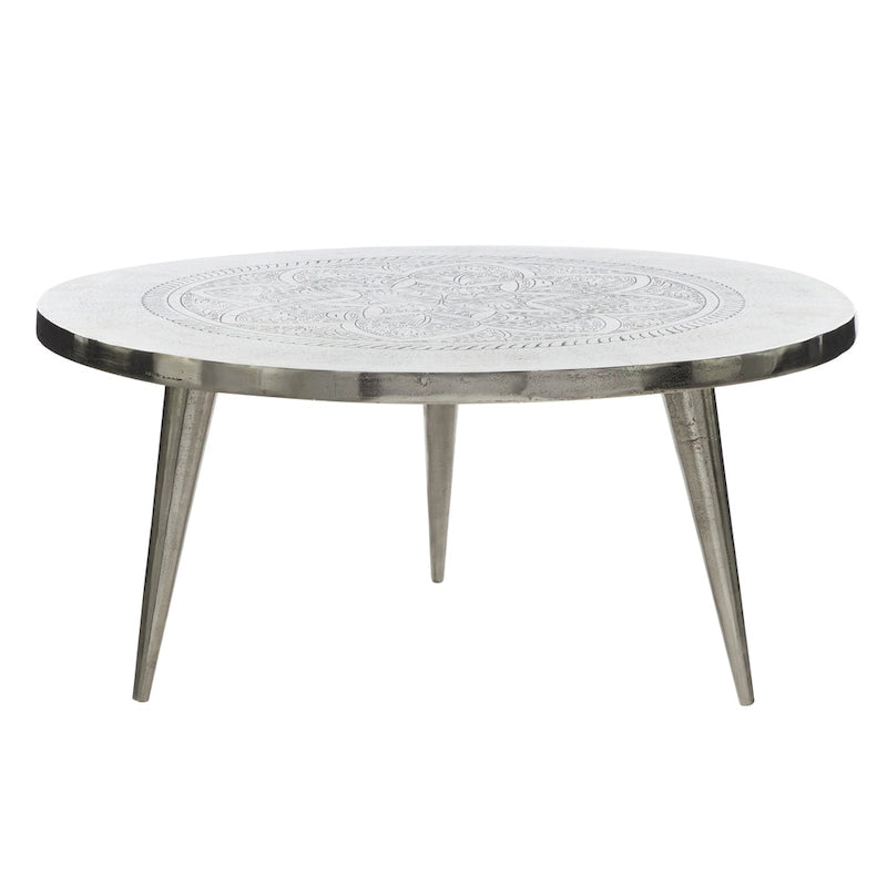Table basse en aluminium à motif floral gravé, pieds tripodes - Argent - Roche River Decor - 89 cm x 89 cm x 41 cm (L x l x H)
