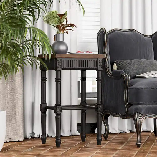 Table d'appoint COZAYH style campagne française patinée, plateau couleur expresso et étagère en osier tressé, décor bohème, rustique et champêtre