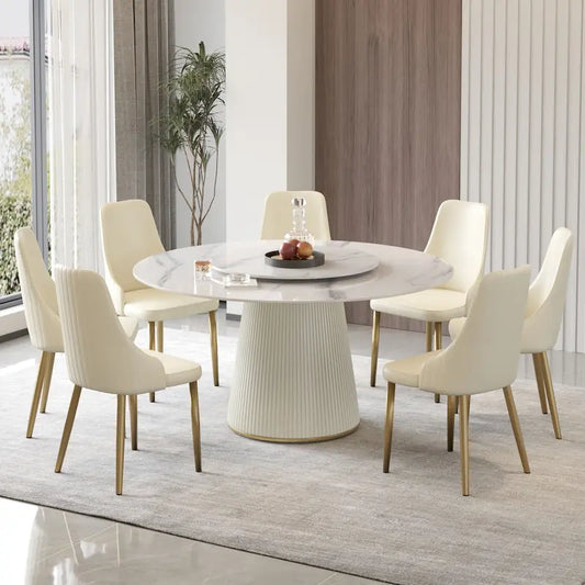 Table de salle à manger ronde de 59 pouces pour 8 personnes, plateau en pierre frittée blanche avec plateau tournant - Non disponible