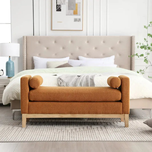 Banc de chambre moderne capitonné en boucle avec pieds en bois, banc d'entrée