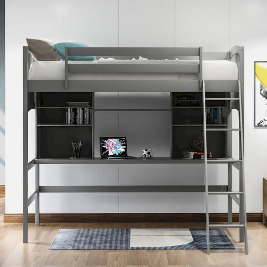 Lit mezzanine Nestfair pour une personne avec étagères de rangement, bureau et échelle