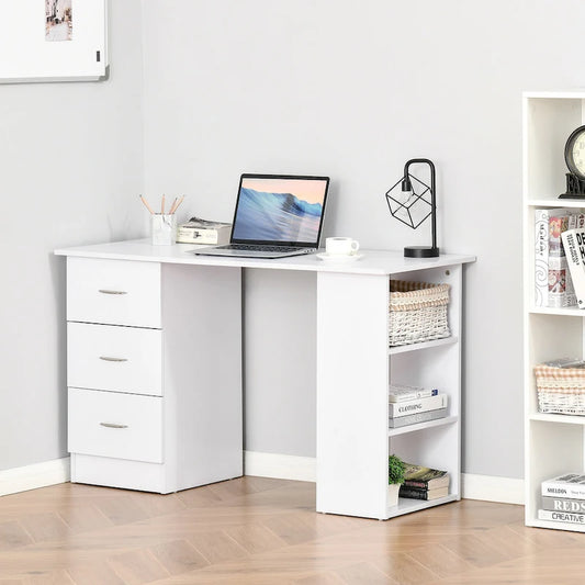 Bureau d'ordinateur HOMCOM 47 moderne pour la maison avec bibliothèque intégrée, table de travail, 3 tiroirs et étagère de rangement - Blanc
