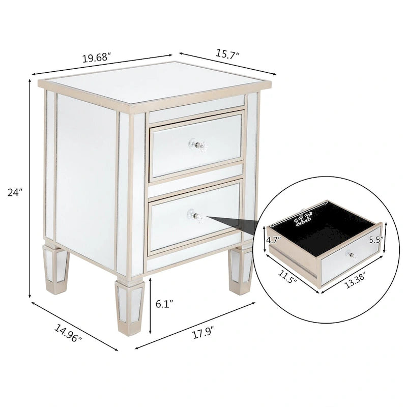 Table de chevet à 2 tiroirs avec miroir