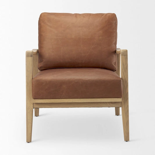 Fauteuil d'appoint Raeleigh en cuir véritable marron cognac avec structure en hêtre massif marron clair - 71 cm (L) x 86 cm (P) x 87 cm (H)