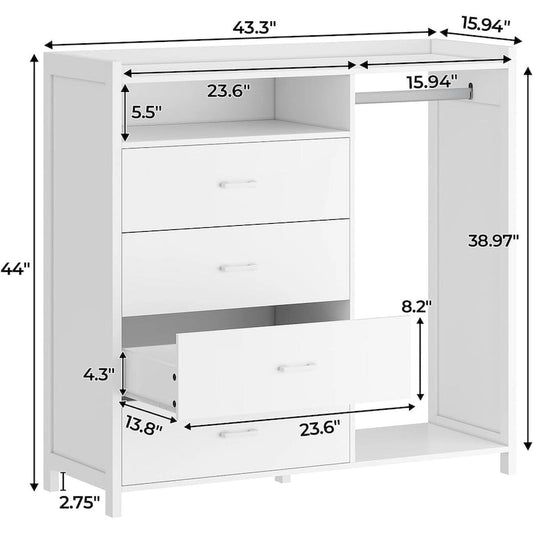 Commode pour chambre à coucher avec penderie, commode à 4 tiroirs