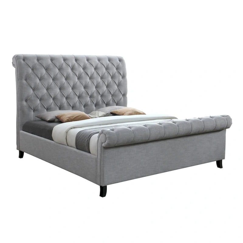 Lit Magnolia King Size, tête de lit capitonnée à dessus roulé, gris