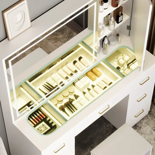 Ensemble coiffeuse avec plateau en verre, miroir lumineux, coiffeuse extra large avec 7 tiroirs et tabouret rembourré.