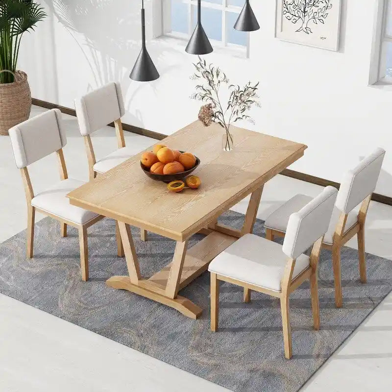 Ensemble de salle à manger rustique 5 pièces avec 4 chaises rembourrées, table rectangulaire de 150 cm (59 pouces) avec piètement à tréteaux.