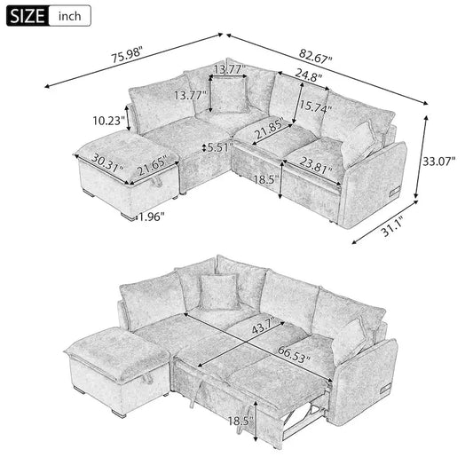 Canapé-lit convertible d'angle, canapé-lit en L, pouf, deux coussins, prises électriques et port USB, orange