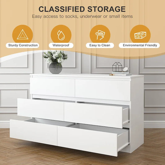 Commode double en bois à 6 tiroirs, 120 cm de large, grand meuble de rangement, commode, meuble TV