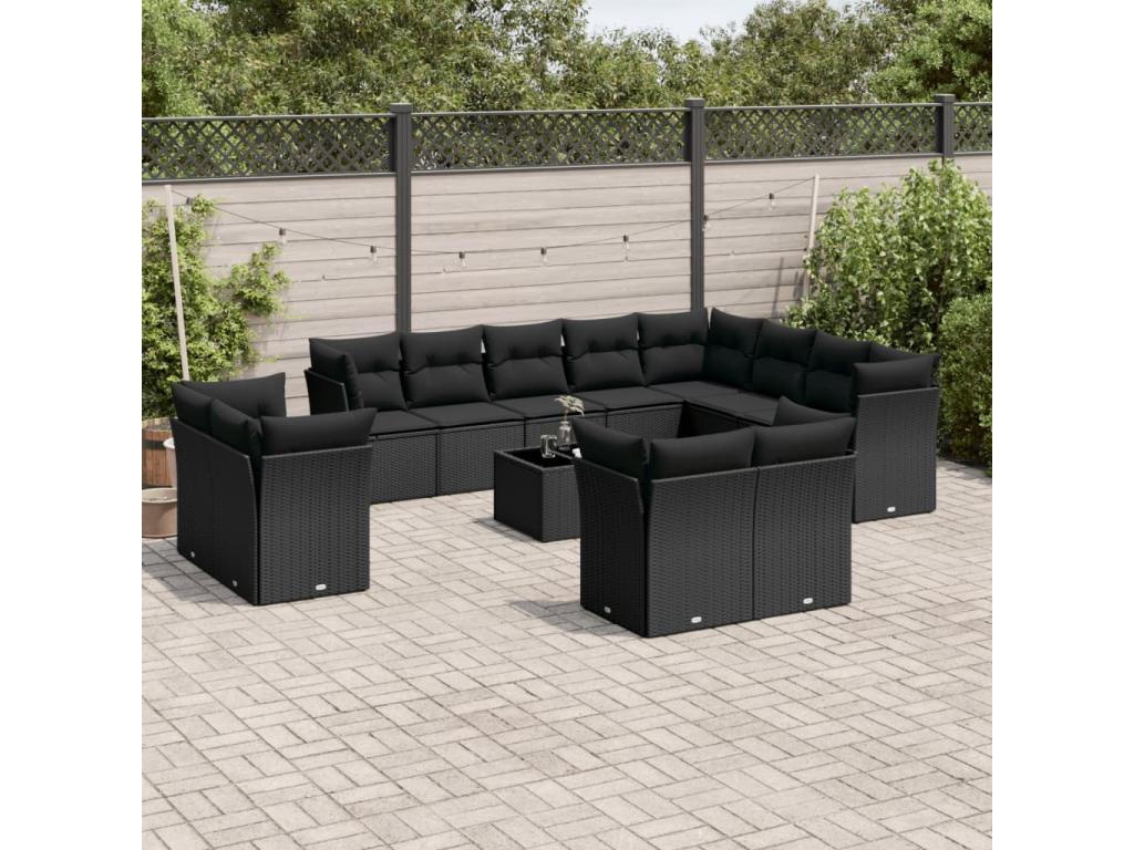 Ensemble de mobilier de jardin 13 pièces avec coussins, en résine tressée noire