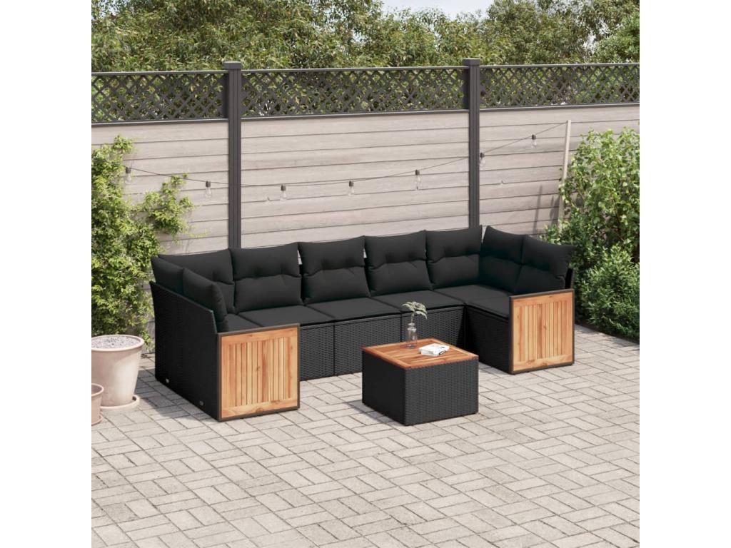Ensemble de mobilier de jardin 8 pièces avec coussins, en résine tressée noire.