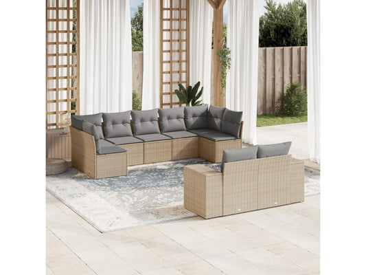 Ensemble de mobilier de jardin 9 pièces avec coussins, en résine tressée beige