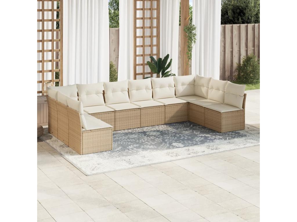 Ensemble de mobilier de jardin 10 pièces avec coussins, en résine tressée beige
