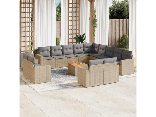 Ensemble de mobilier de jardin 14 pièces avec coussins, en résine tressée beige