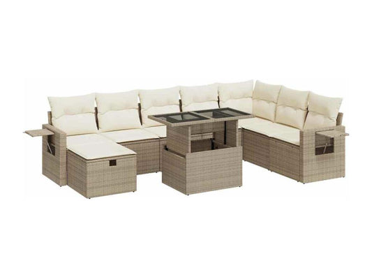 Ensemble de mobilier de jardin 9 pièces avec coussins, en résine tressée beige