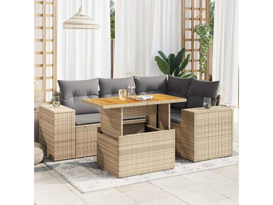Ensemble de mobilier de jardin 5 pièces avec coussins, en résine tressée beige