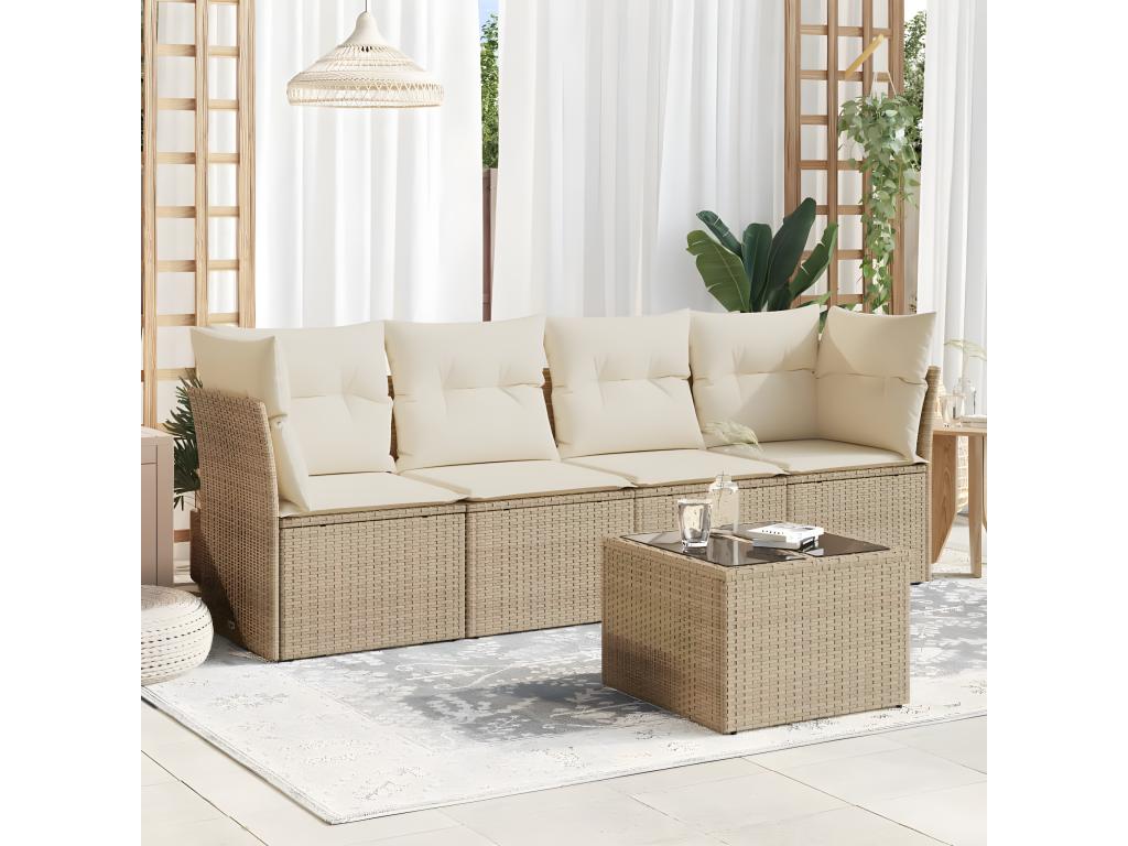Ensemble de mobilier de jardin 5 pièces avec coussins, en résine tressée beige