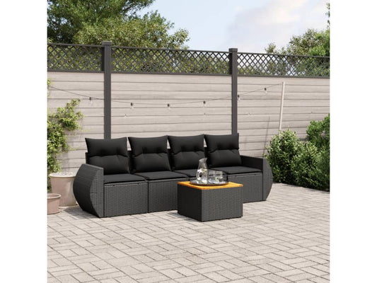 Ensemble de mobilier de jardin 5 pièces avec coussins, en résine tressée noire.