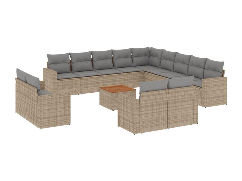 Ensemble de mobilier de jardin 14 pièces avec coussins, en résine tressée beige