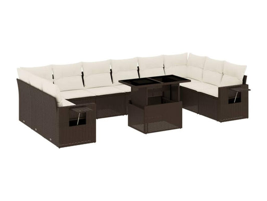 Ensemble de mobilier de jardin 11 pièces avec coussins, en résine tressée marron