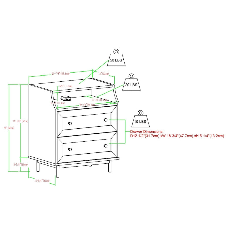 Table de chevet moderne Middlebrook à 2 tiroirs avec port USB, lot de 2