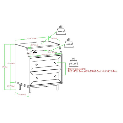 Table de chevet moderne Middlebrook à 2 tiroirs avec port USB, lot de 2