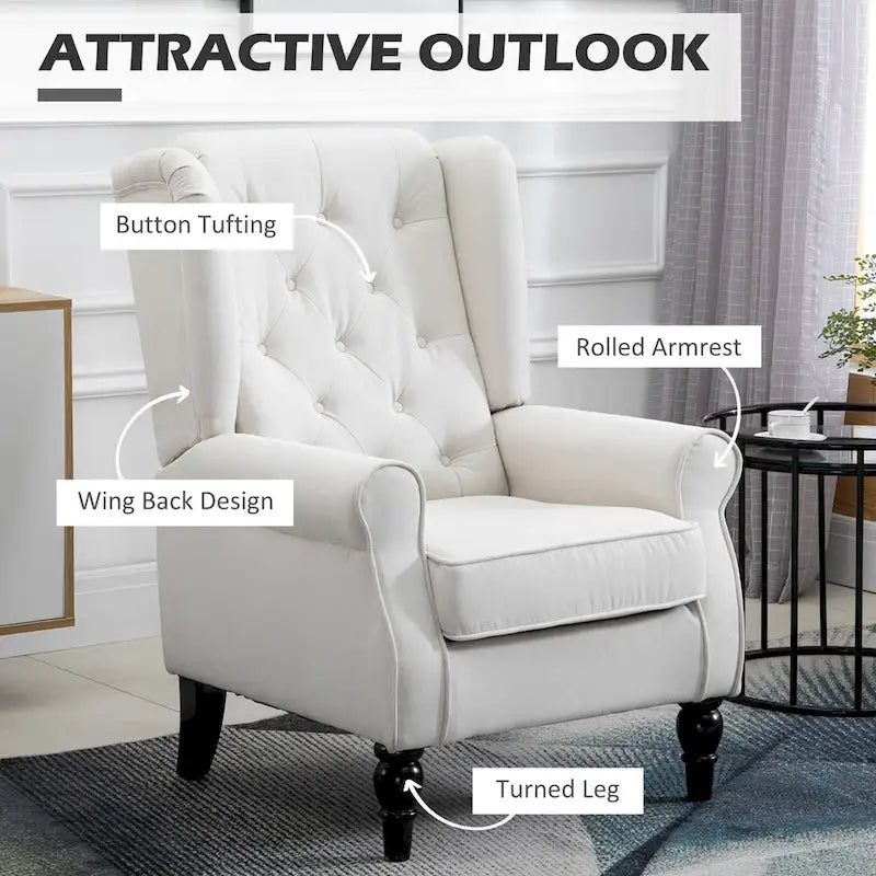 Fauteuil d'appoint capitonné avec dossier haut à oreilles, accoudoirs rembourrés arrondis et assise épaisse rembourrée