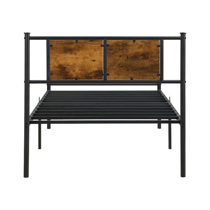 Lit plateforme en métal avec tête de lit décorative en panneaux de bois