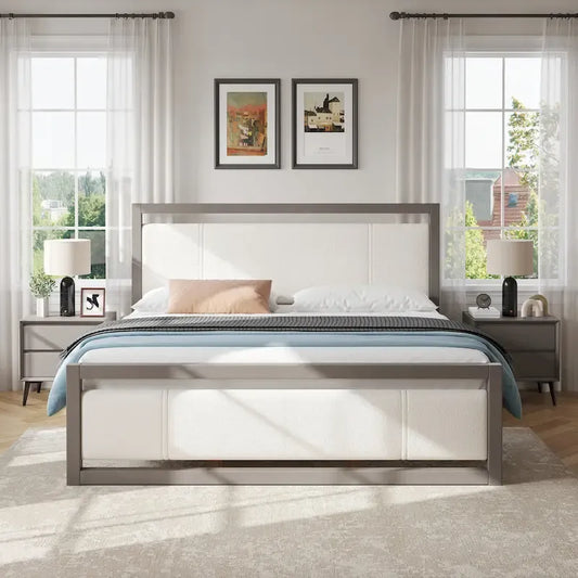 Lit plateforme King Christopher Knight Home avec tête de lit en tissu bouclé ivoire
