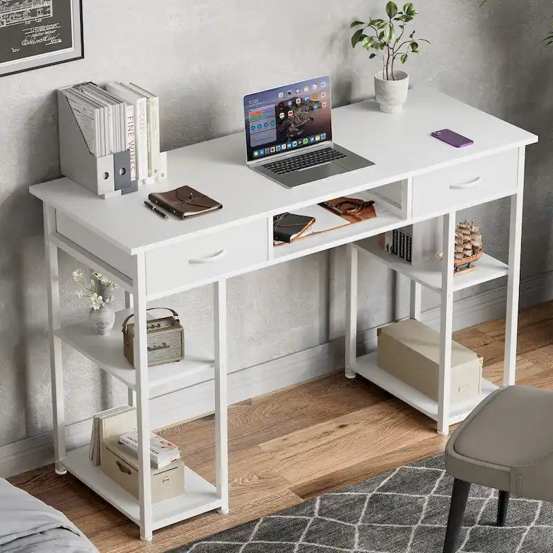 Bureau d'ordinateur moderne avec étagère de rangement intégrée et 2 tiroirs, idéal pour un bureau à domicile ou une salle d'étude.