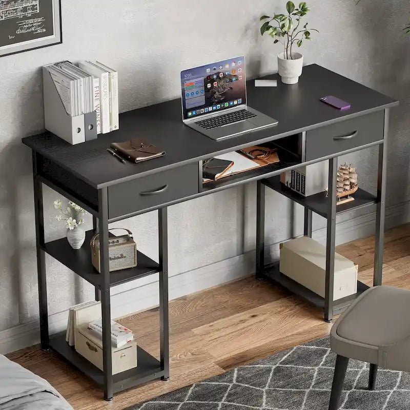 Bureau d'ordinateur moderne avec étagère de rangement intégrée et 2 tiroirs, idéal pour un bureau à domicile ou une salle d'étude.