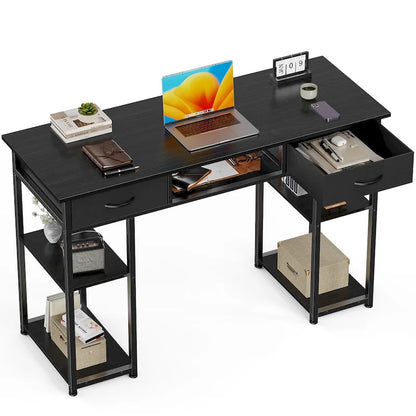Bureau d'ordinateur moderne avec étagère de rangement intégrée et 2 tiroirs, idéal pour un bureau à domicile ou une salle d'étude.