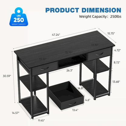 Bureau d'ordinateur moderne avec étagère de rangement intégrée et 2 tiroirs, idéal pour un bureau à domicile ou une salle d'étude.
