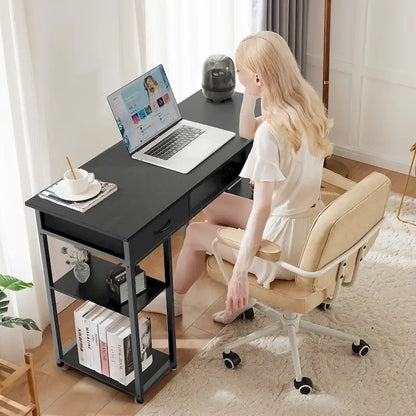 Bureau d'ordinateur moderne avec étagère de rangement intégrée et 2 tiroirs, idéal pour un bureau à domicile ou une salle d'étude.