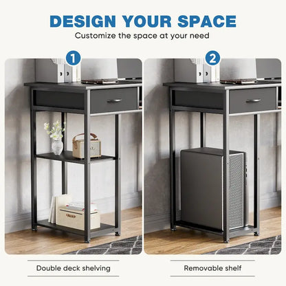 Bureau d'ordinateur moderne avec étagère de rangement intégrée et 2 tiroirs, idéal pour un bureau à domicile ou une salle d'étude.