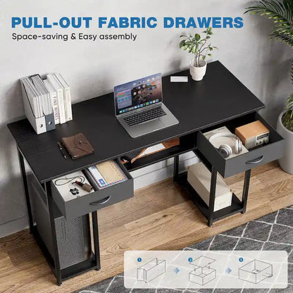 Bureau d'ordinateur moderne avec étagère de rangement intégrée et 2 tiroirs, idéal pour un bureau à domicile ou une salle d'étude.