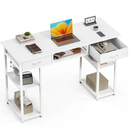 Bureau d'ordinateur moderne avec étagère de rangement intégrée et 2 tiroirs, idéal pour un bureau à domicile ou une salle d'étude.