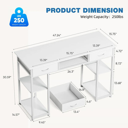 Bureau d'ordinateur moderne avec étagère de rangement intégrée et 2 tiroirs, idéal pour un bureau à domicile ou une salle d'étude.