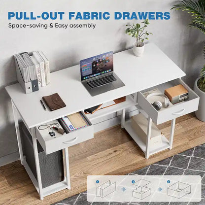 Bureau d'ordinateur moderne avec étagère de rangement intégrée et 2 tiroirs, idéal pour un bureau à domicile ou une salle d'étude.