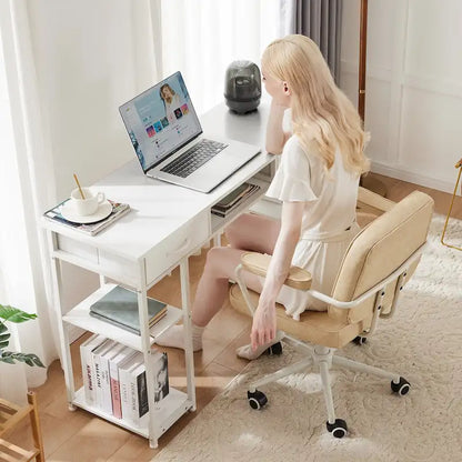 Bureau d'ordinateur moderne avec étagère de rangement intégrée et 2 tiroirs, idéal pour un bureau à domicile ou une salle d'étude.